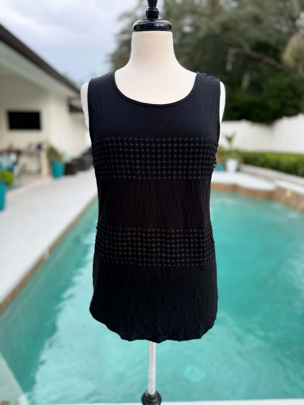 Emaline Women's Black Sleeveless Tank Top with Crochet Stripe Detail